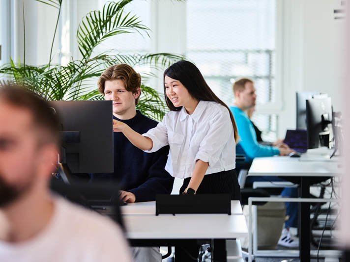 Eine lise-Entwicklerin zeigt einem anderen etwas auf dem Computer und im Hintergrund arbeiten noch mehr Mitarbeiter an ihren Computern