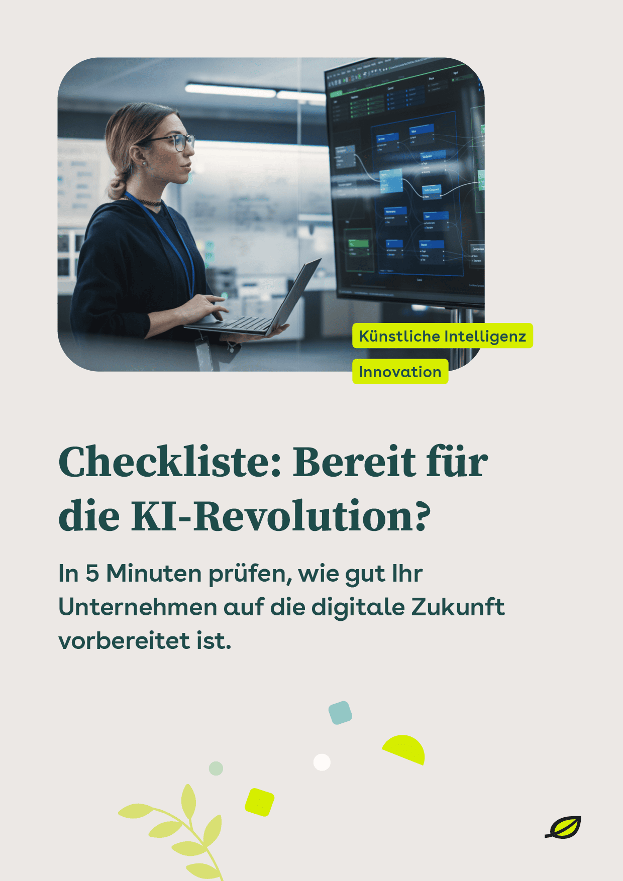 Titelseite einer Checkliste zur Vorbereitung auf KI-Revolutionen im Unternehmen mit Arbeitsszene