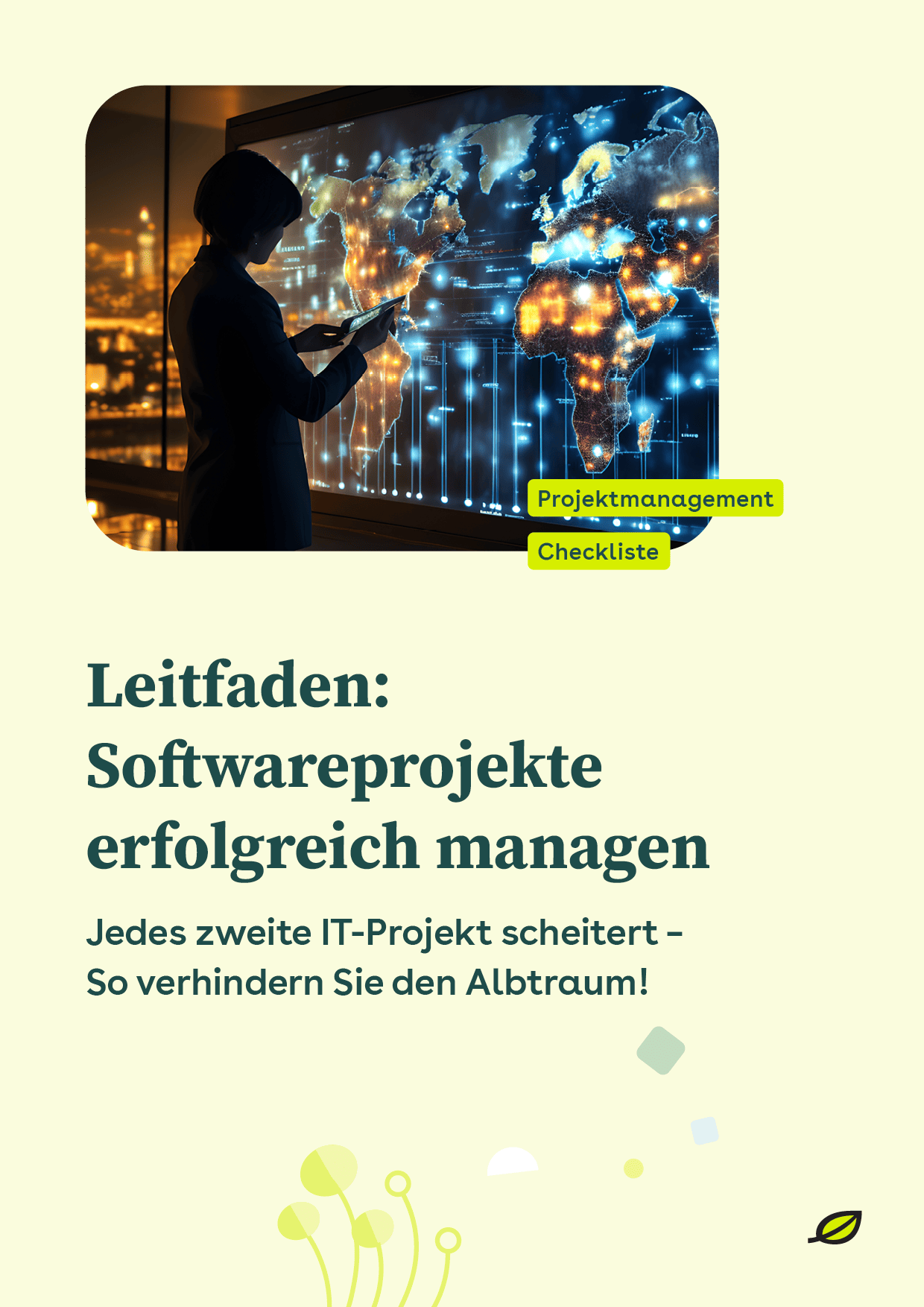 Titelseite eines Leitfadens zum erfolgreichen Management von Softwareprojekten mit abstrakter Illustration
