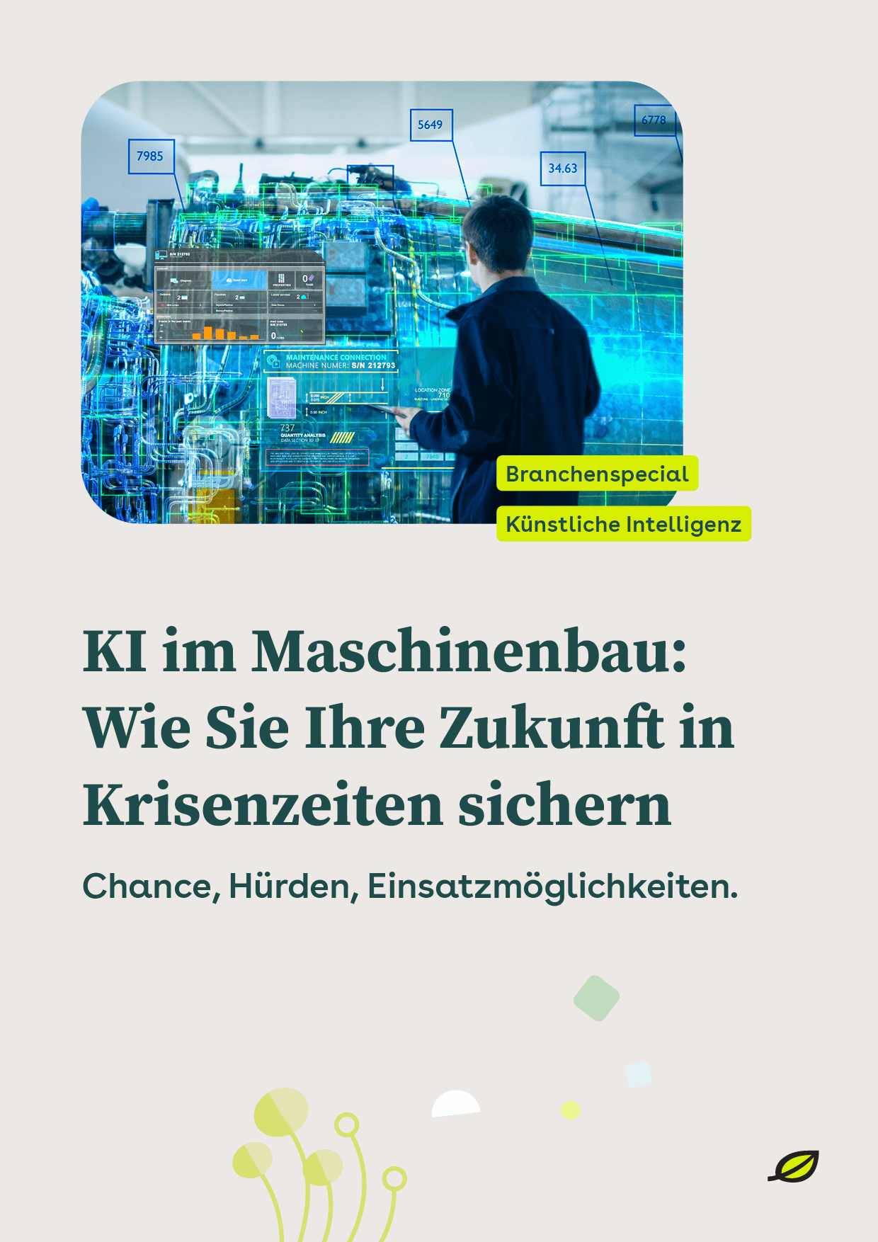 Titelseite zu KI im Maschinenbau: Wie Sie iIhre Zukunft in Krisenzeiten sichern mit einem Bild über digitale Maschinendaten und Visualisierungen