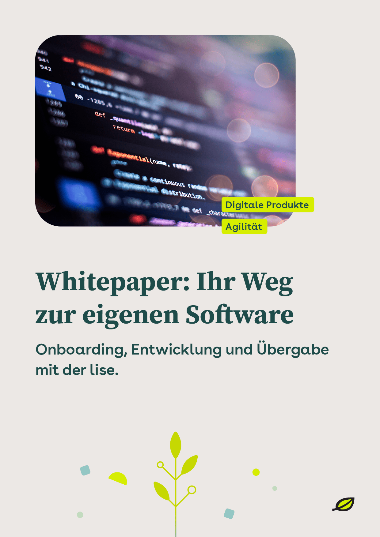 Titelseite eines Whitepapers mit dem Titel ‚Ihr Weg zur eigenen Software‘ und einem Bildausschnitt von Programmcode