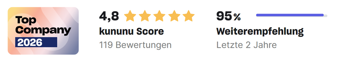 Kununu-Auszeichnung ‚Top Company 2026‘ mit 4,8-Sterne-Bewertung, 95 % Weiterempfehlung und 119 Bewertungen