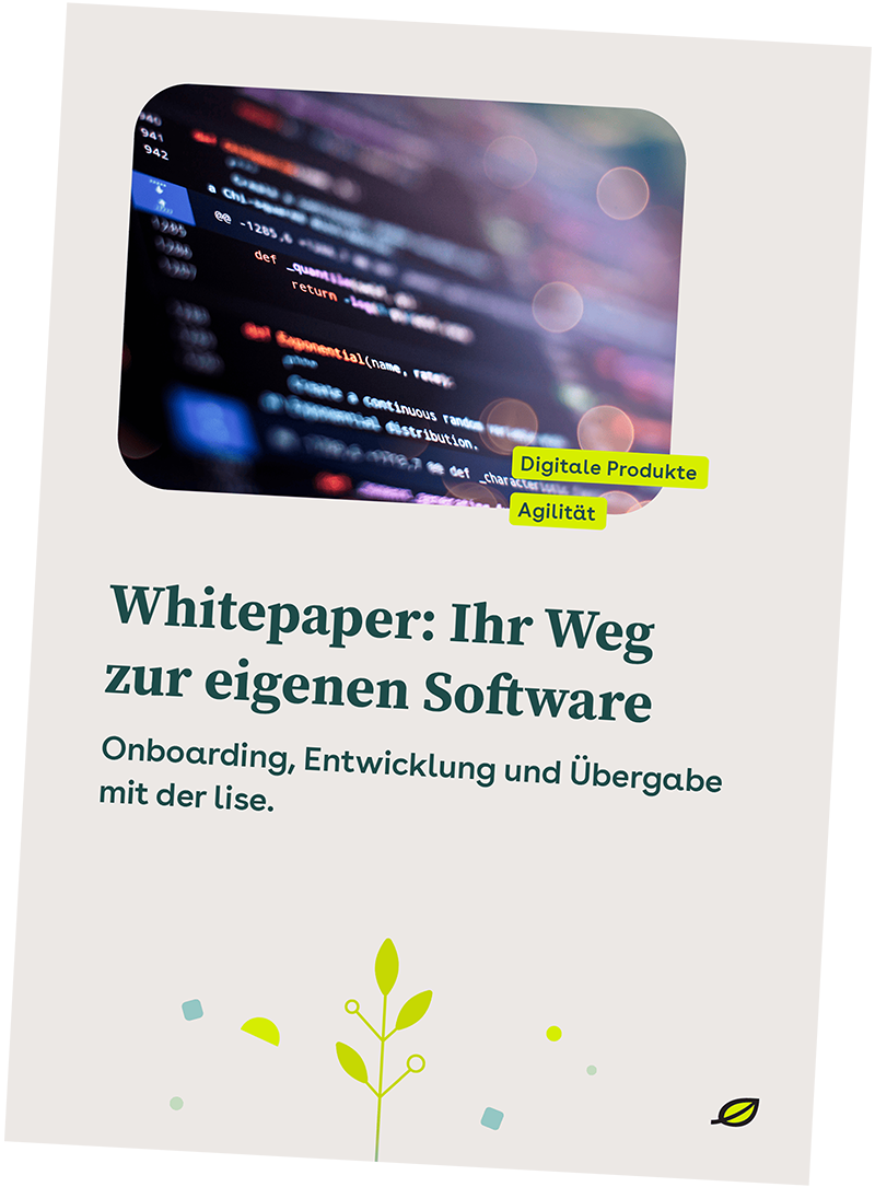 Titelseite eines Whitepapers mit dem Titel ‚Ihr Weg zur eigenen Software‘ und einem Bildausschnitt von Programmcode