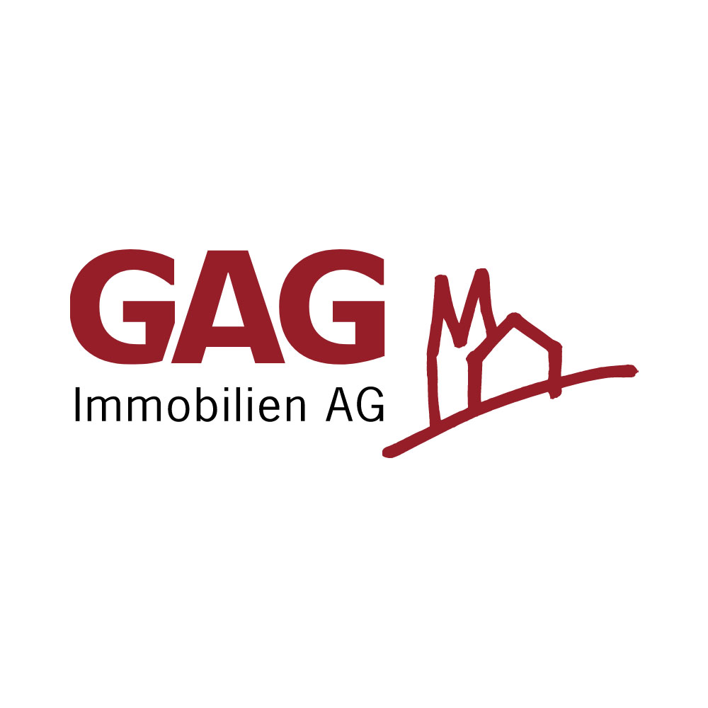 Logo von GAG in dunkelrot mit dem Dom und einem Haus als Symbole, darunter "Immobilien AG" in schwarz
